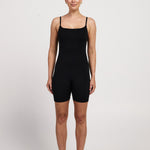 Black cami bodysuit with adjustable straps, in-built bra, and 5-inch legs for yoga, Pilates, or maternity wear