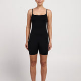 Black cami bodysuit with adjustable straps, in-built bra, and 5-inch legs for yoga, Pilates, or maternity wear