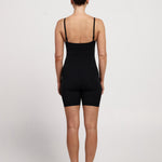 Versatile black cami-style bodysuit, 5-inch legs, in-built bra and adjustable straps for yoga, Pilates, or casual wear