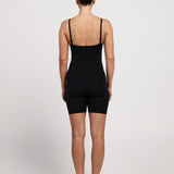 Versatile black cami-style bodysuit, 5-inch legs, in-built bra and adjustable straps for yoga, Pilates, or casual wear