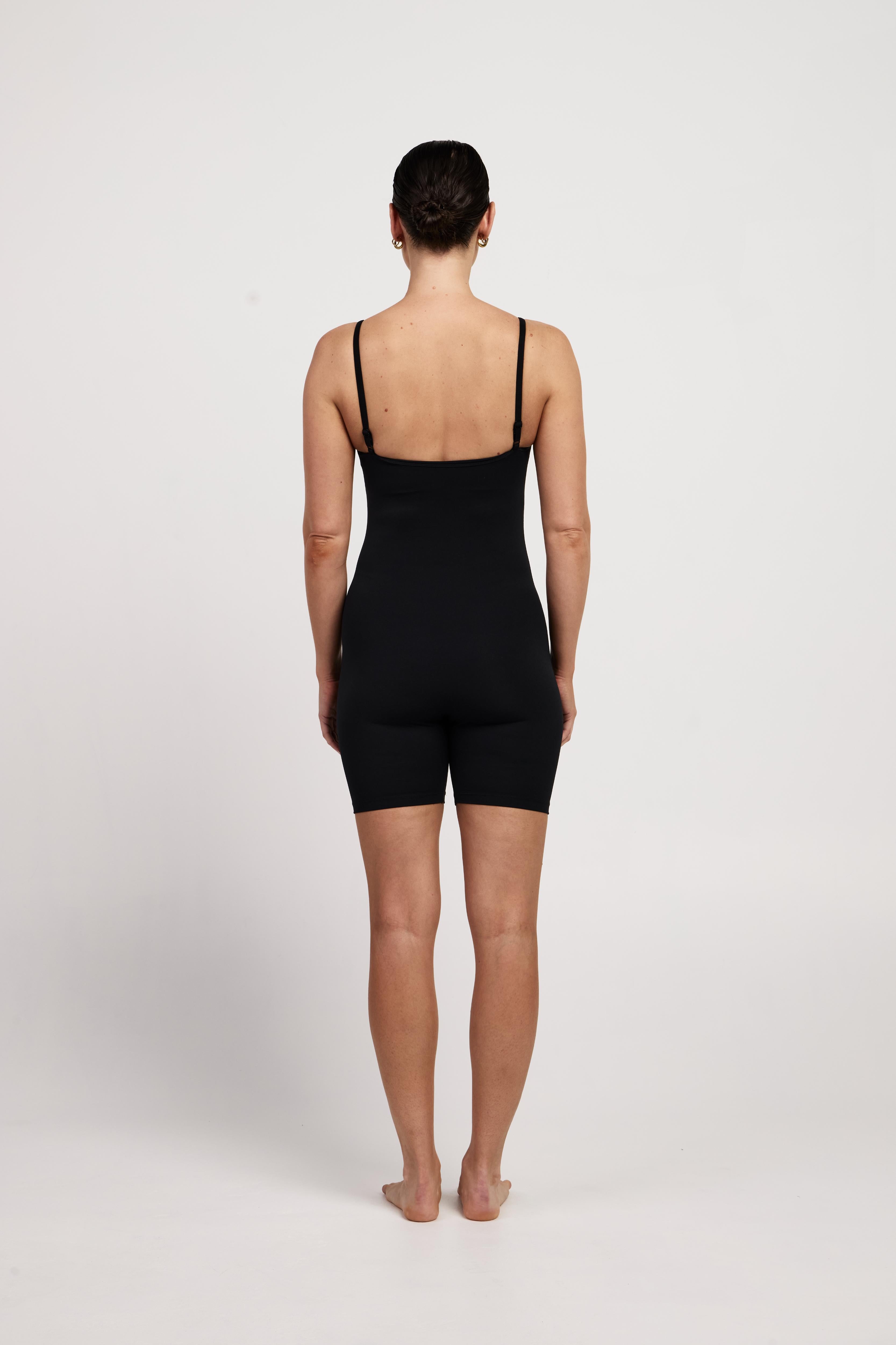 Versatile black cami-style bodysuit, 5-inch legs, in-built bra and adjustable straps for yoga, Pilates, or casual wear