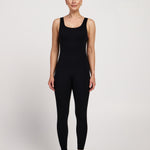 Full-length sleeveless Pilates bodysuit with built-in bra, stretchy breathable fabric for comfortable workouts