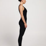 Full-length sleeveless Pilates bodysuit with built-in bra, stretchy breathable fabric for comfortable workouts in Australia