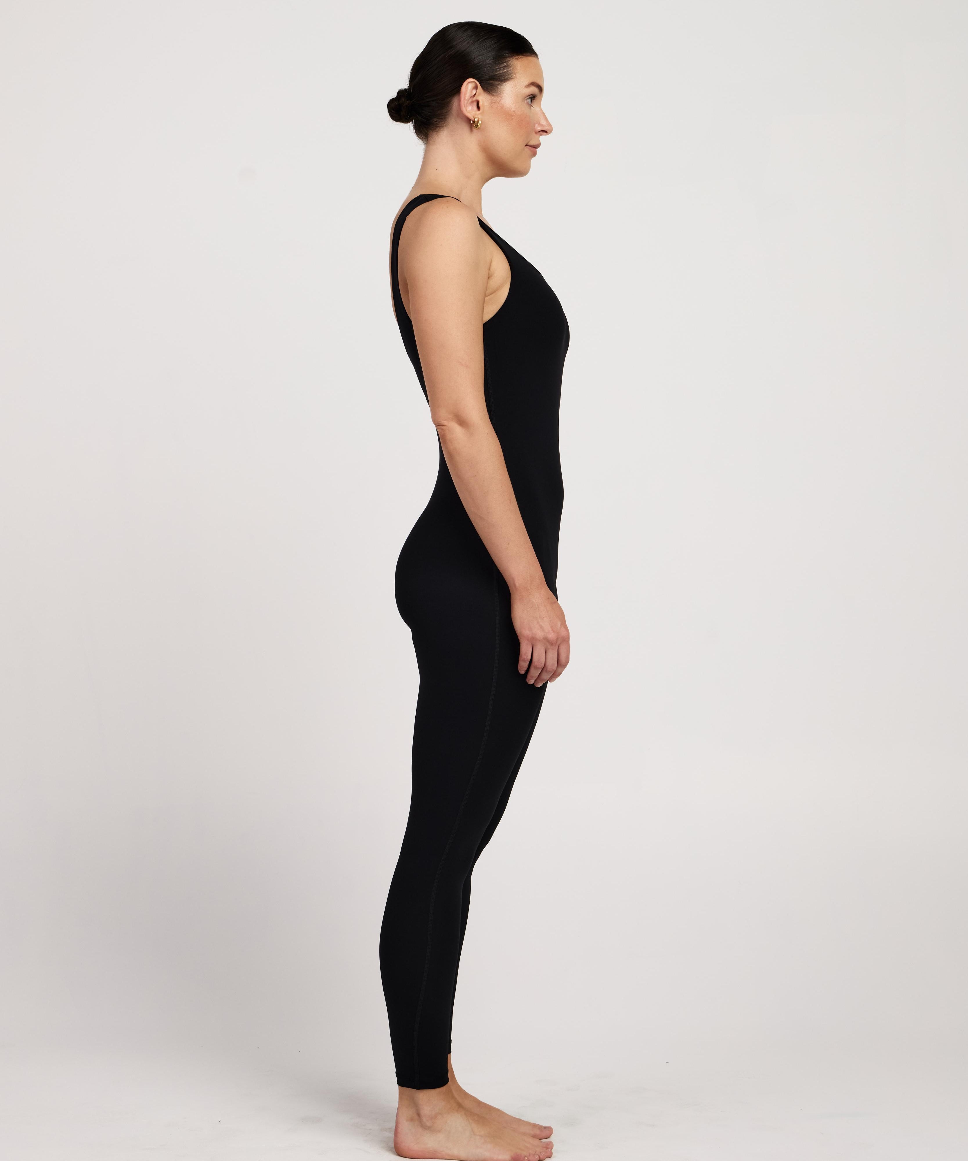 Full-length sleeveless Pilates bodysuit with built-in bra, stretchy breathable fabric for comfortable workouts in Australia