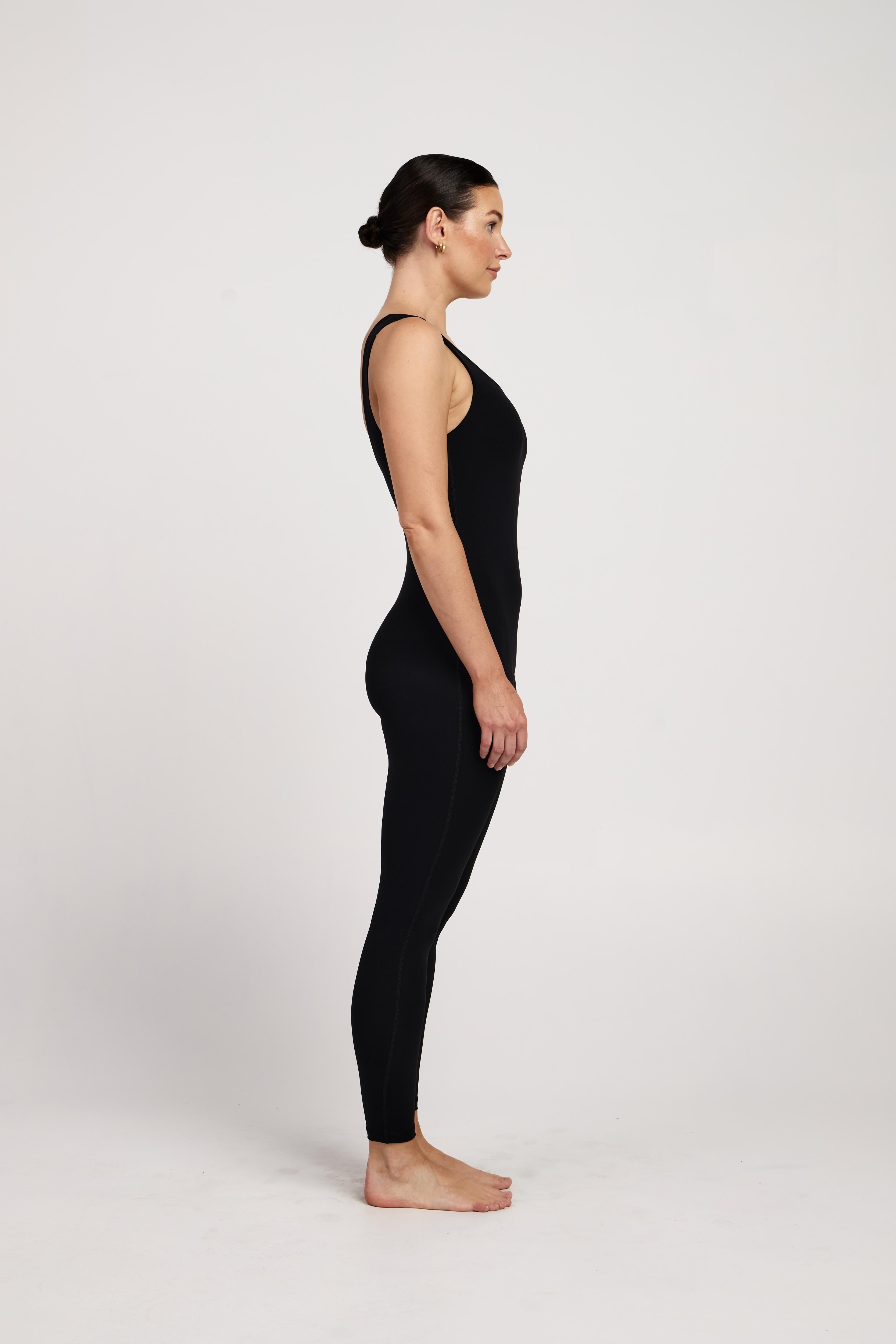 Full-length sleeveless Pilates bodysuit with built-in bra, stretchy breathable fabric for comfortable workouts in Australia