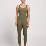 Full-length sleeveless bodysuit with built-in bra, made from stretchy breathable fabric, ideal for Pilates workouts