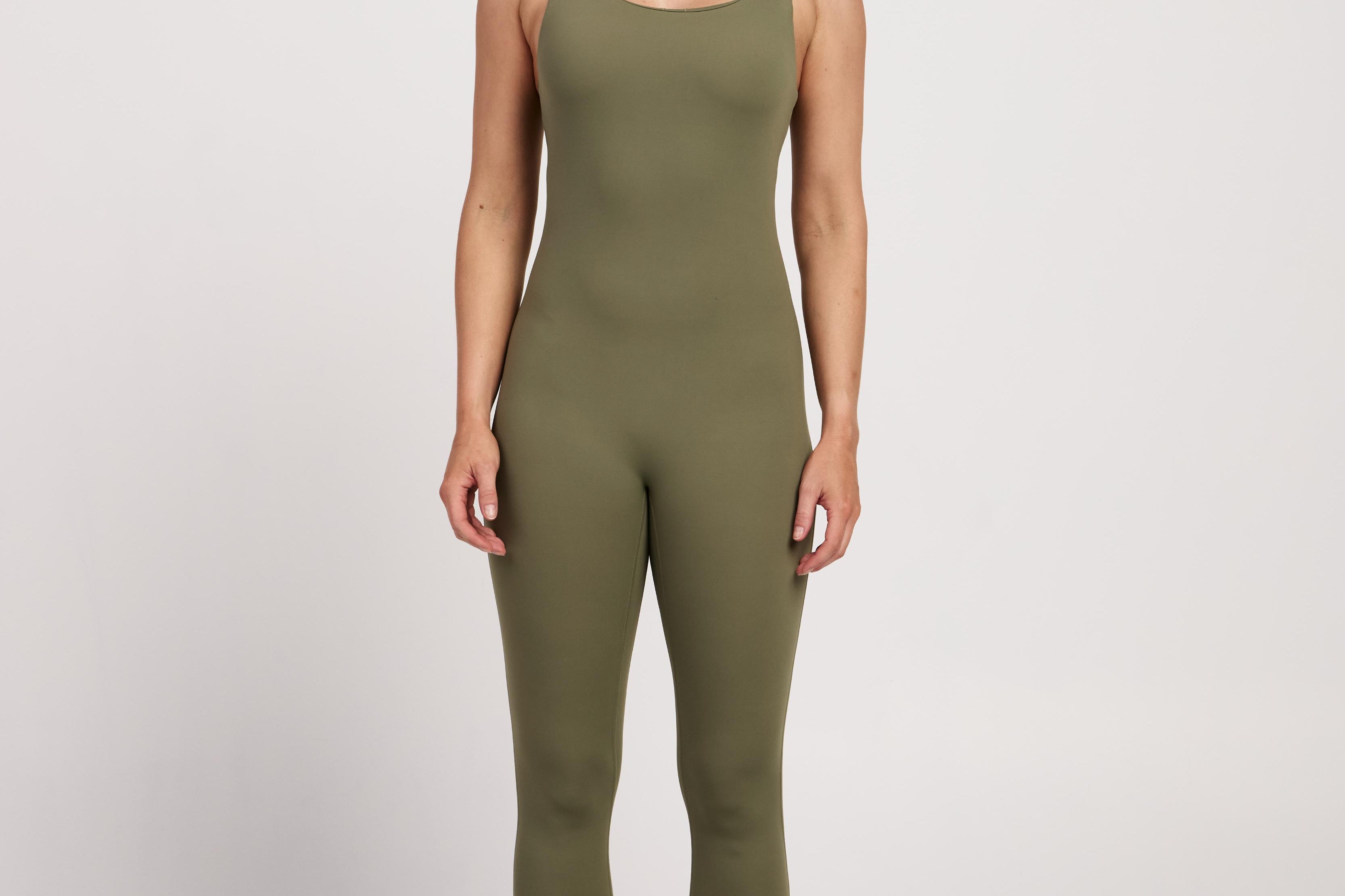 Full-length sleeveless bodysuit with built-in bra, made from stretchy breathable fabric, ideal for Pilates workouts