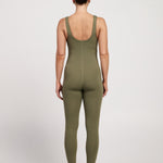 Stretchy sleeveless bodysuit with built-in bra, offering full-length coverage and breathable fabric for Pilates comfort