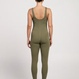 Stretchy sleeveless bodysuit with built-in bra, offering full-length coverage and breathable fabric for Pilates comfort