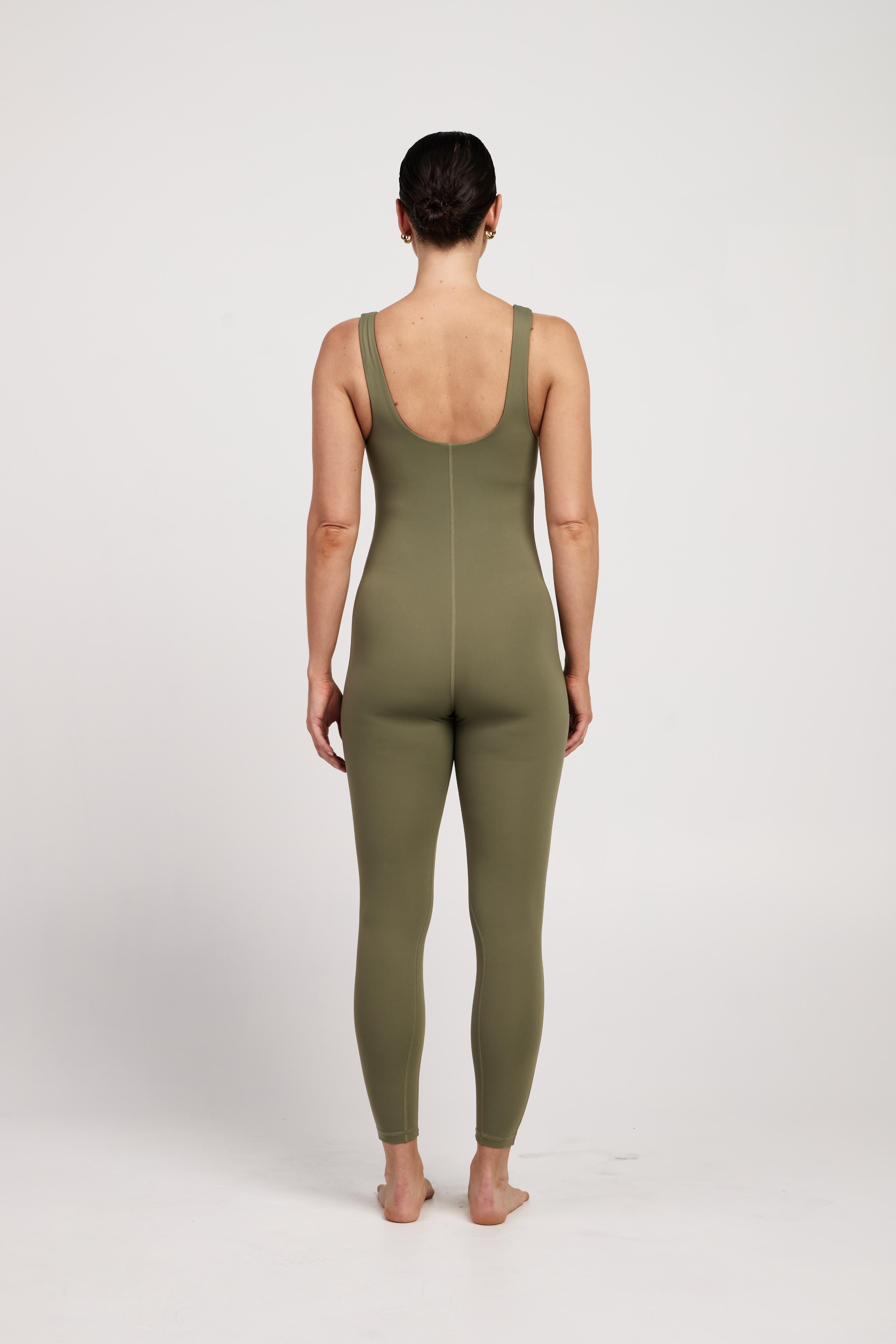 Stretchy sleeveless bodysuit with built-in bra, offering full-length coverage and breathable fabric for Pilates comfort