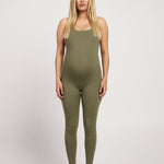 Full-length sleeveless bodysuit with built-in bra, made from stretchy breathable fabric, suitable for pregnancy