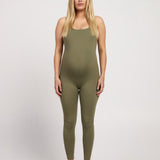 Full-length sleeveless bodysuit with built-in bra, made from stretchy breathable fabric, suitable for pregnancy