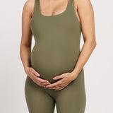 Stretchy sleeveless bodysuit with built-in bra, offering full-length coverage and breathable fabric for pregnancy comfort