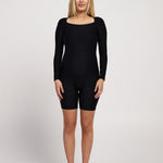 Long-sleeve maternity bodysuit with short legs, designed for big busts, featuring super stretchy, breathable fabric and a bra-free design, ideal for Pilates and yoga during pregnancy