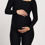 Bra-free long-sleeve bodysuit for big busts with short legs, crafted from breathable moisture-wicking fabric, designed for comfort during pregnancy and ideal for yoga or Pilates