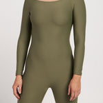 Versatile long-sleeve bodysuit with short legs, breathable moisture-wicking fabric, flattering cut, and bra-free design, suitable for Pilates, yoga, or pregnancy