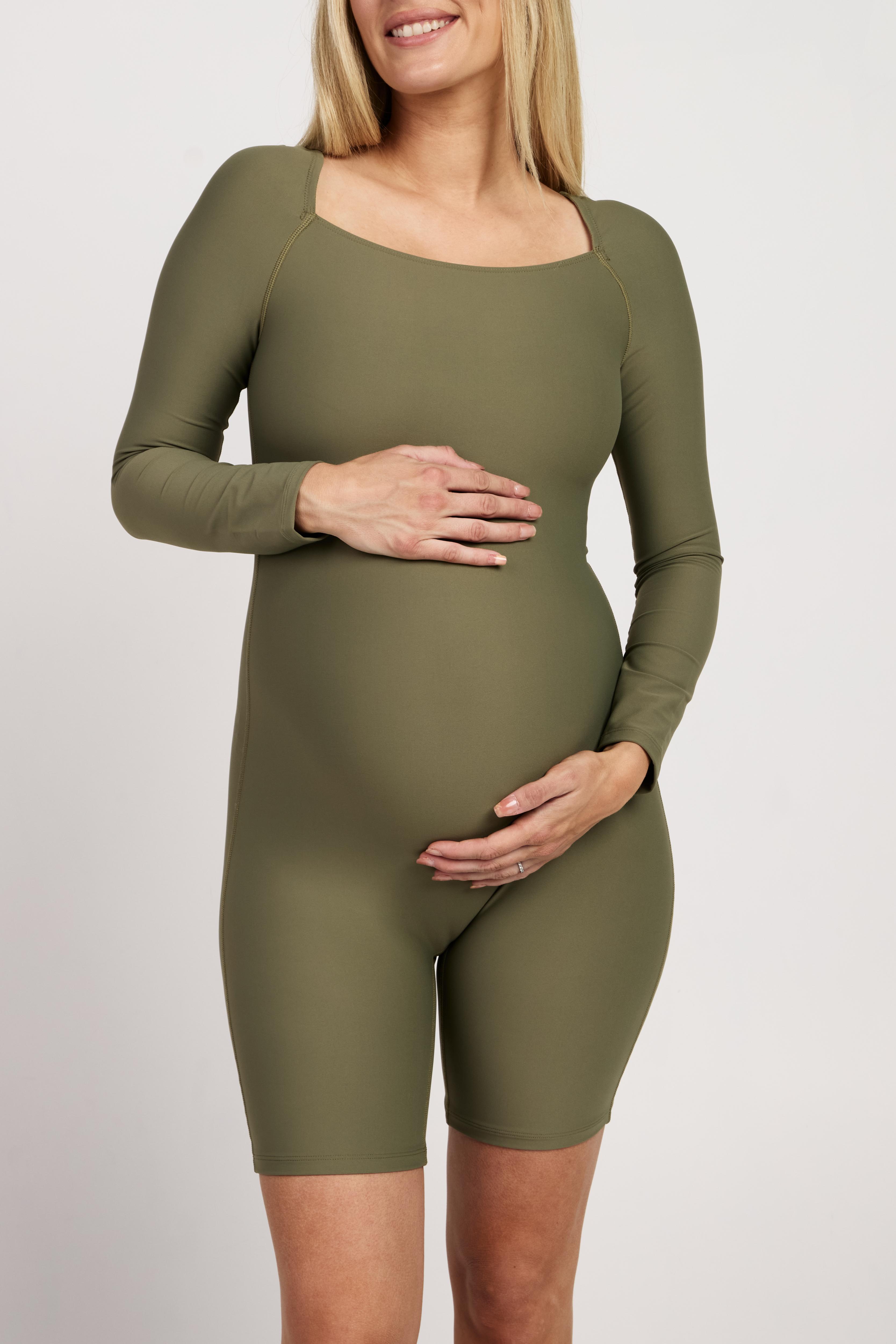 Bra-free long-sleeve maternity bodysuit with short legs, made from breathable, moisture-wicking fabric, perfect for Pilates, yoga, or casual maternity wear