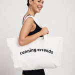 Spacious canvas tote bag with 'Running Errands' design, ideal for Pilates, groceries, and wellness essentials