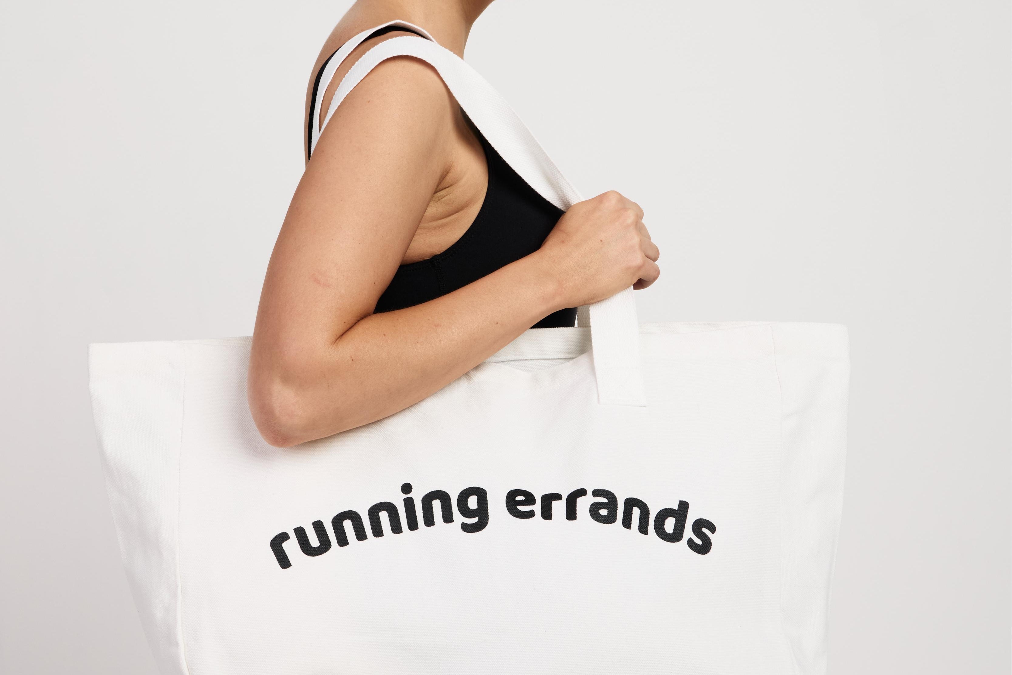 Spacious canvas tote bag with 'Running Errands' design, ideal for Pilates, groceries, and wellness essentials