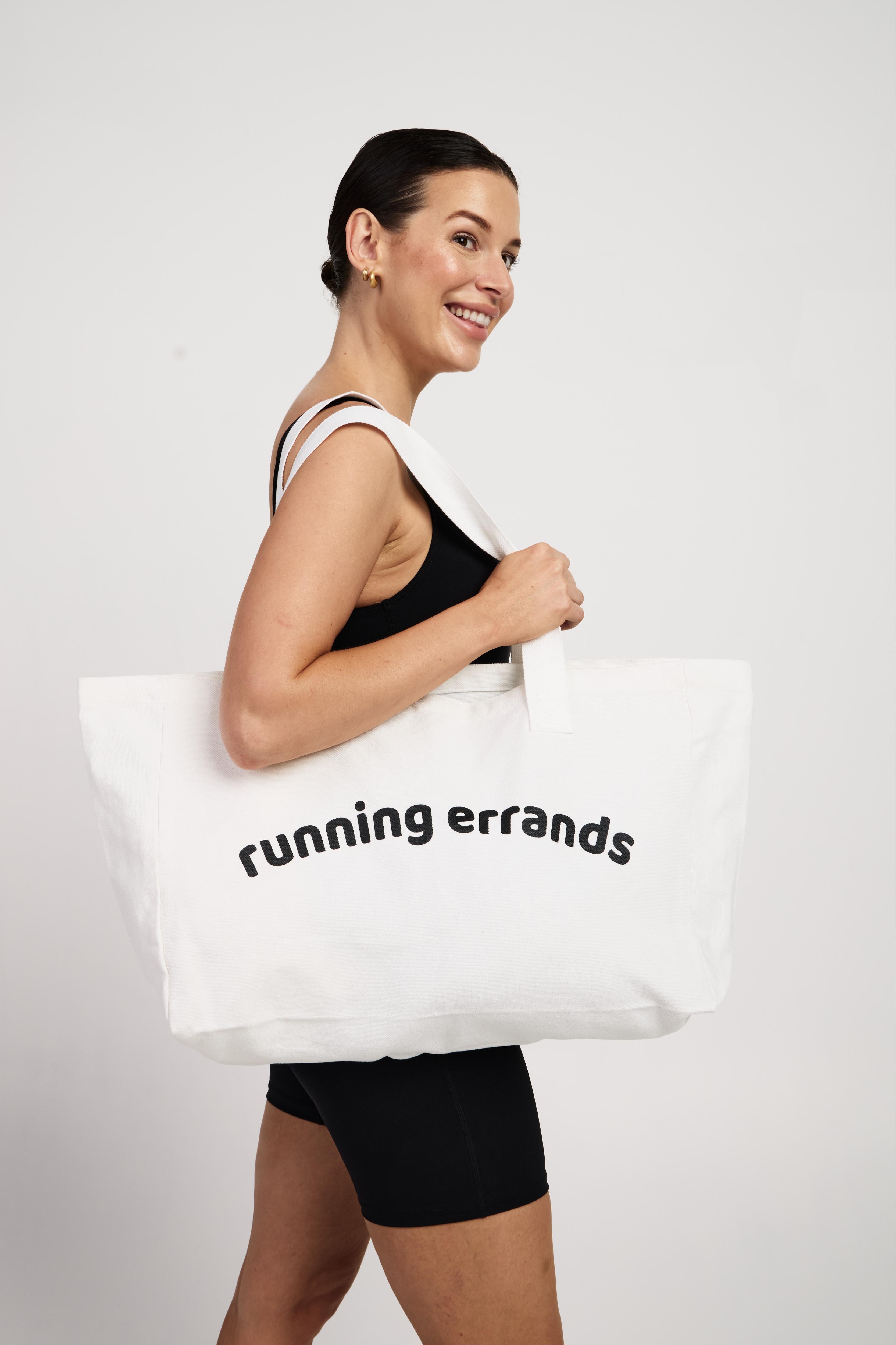 Spacious canvas tote bag with 'Running Errands' design, ideal for Pilates, groceries, and wellness essentials