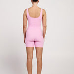 Pink sleeveless bodysuit for women with in-built bra, 5-inch leg, versatile for basic wear, Pilates, or maternity