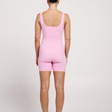 Pink sleeveless bodysuit for women with in-built bra, 5-inch leg, versatile for basic wear, Pilates, or maternity