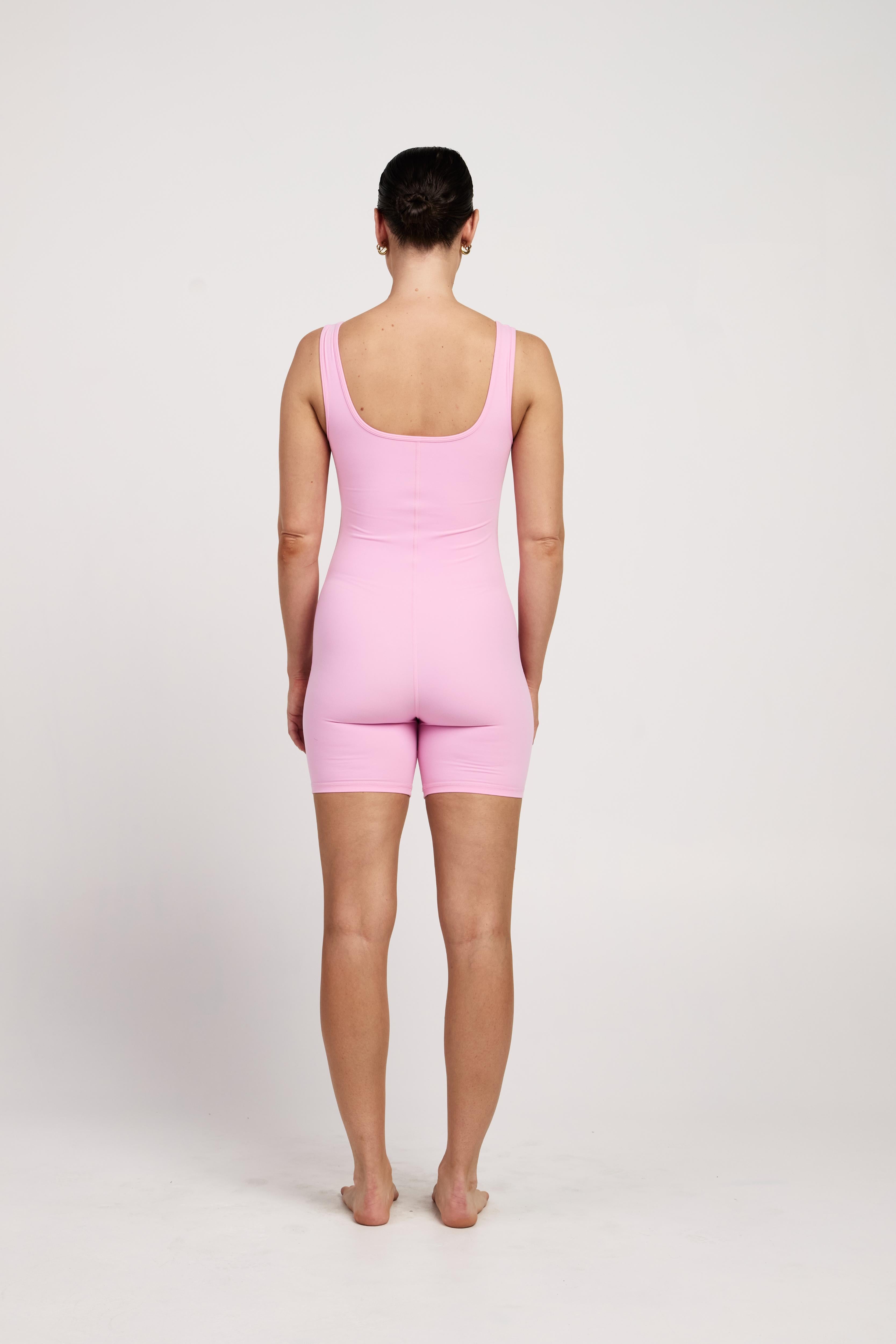 Pink sleeveless bodysuit for women with in-built bra, 5-inch leg, versatile for basic wear, Pilates, or maternity