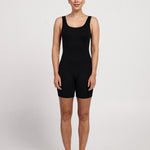 Bra-free women's bodysuit with 6-inch short legs, stretchy moisture-wicking fabric, and a flattering classic fit, perfect for Pilates