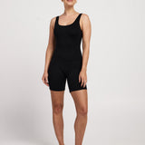 Flattering 6-inch short leg bodysuit with stretchy, moisture-wicking fabric, designed for Pilates, with a bra-free classic fit