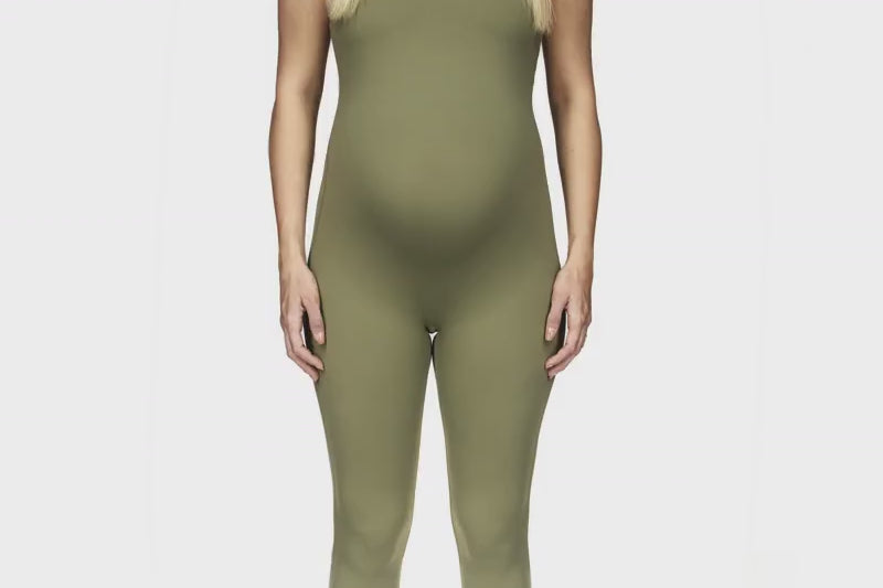 Stretchy sleeveless bodysuit with built-in bra, full-length design for pregnancy, breathable fabric perfect for Australian activewear