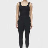 Full-length sleeveless bodysuit with built-in bra, made from stretchy breathable fabric, ideal for Pilates workouts