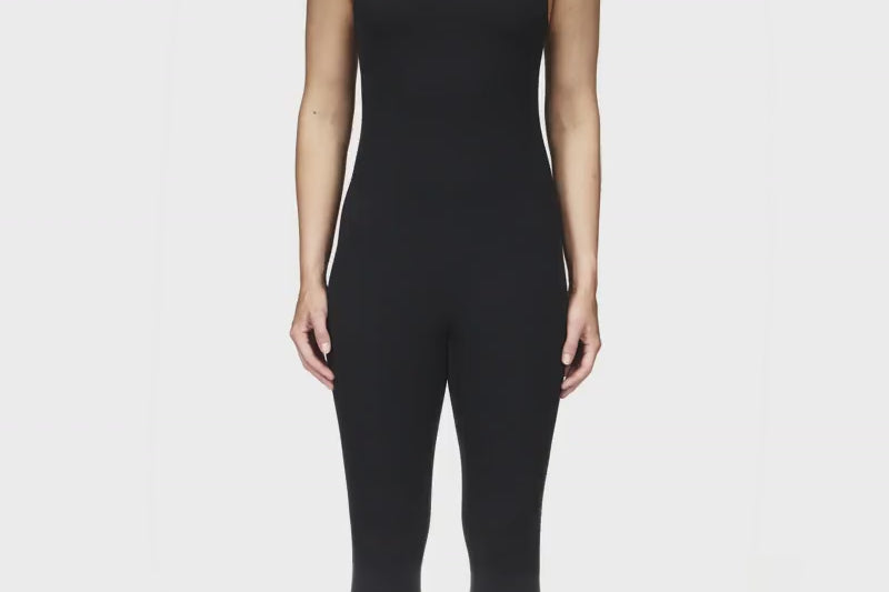 Full-length sleeveless bodysuit with built-in bra, made from stretchy breathable fabric, ideal for Pilates workouts